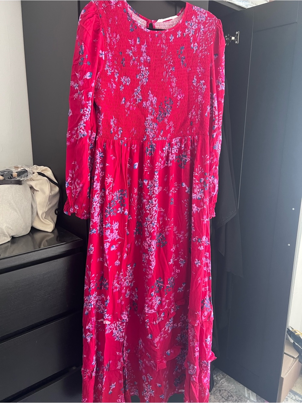 Women's red Floral Maxi Dress - Long Sleeve cotton